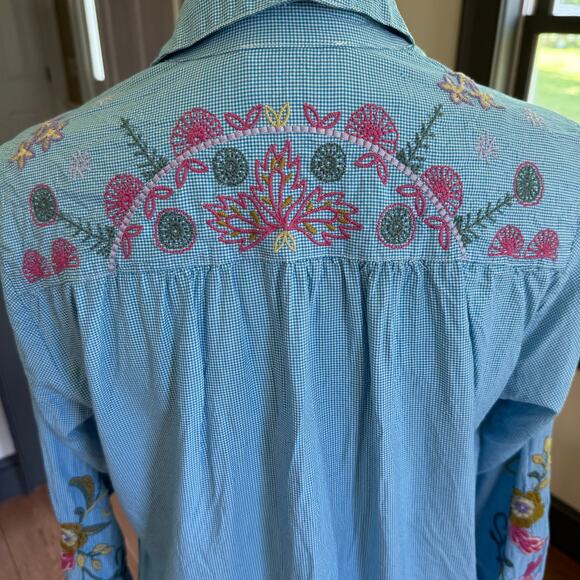 Johnny Was Embroidered Ashlee Henley Popover SZ S Gingham Boho Cottagecore - Picture 4 of 8